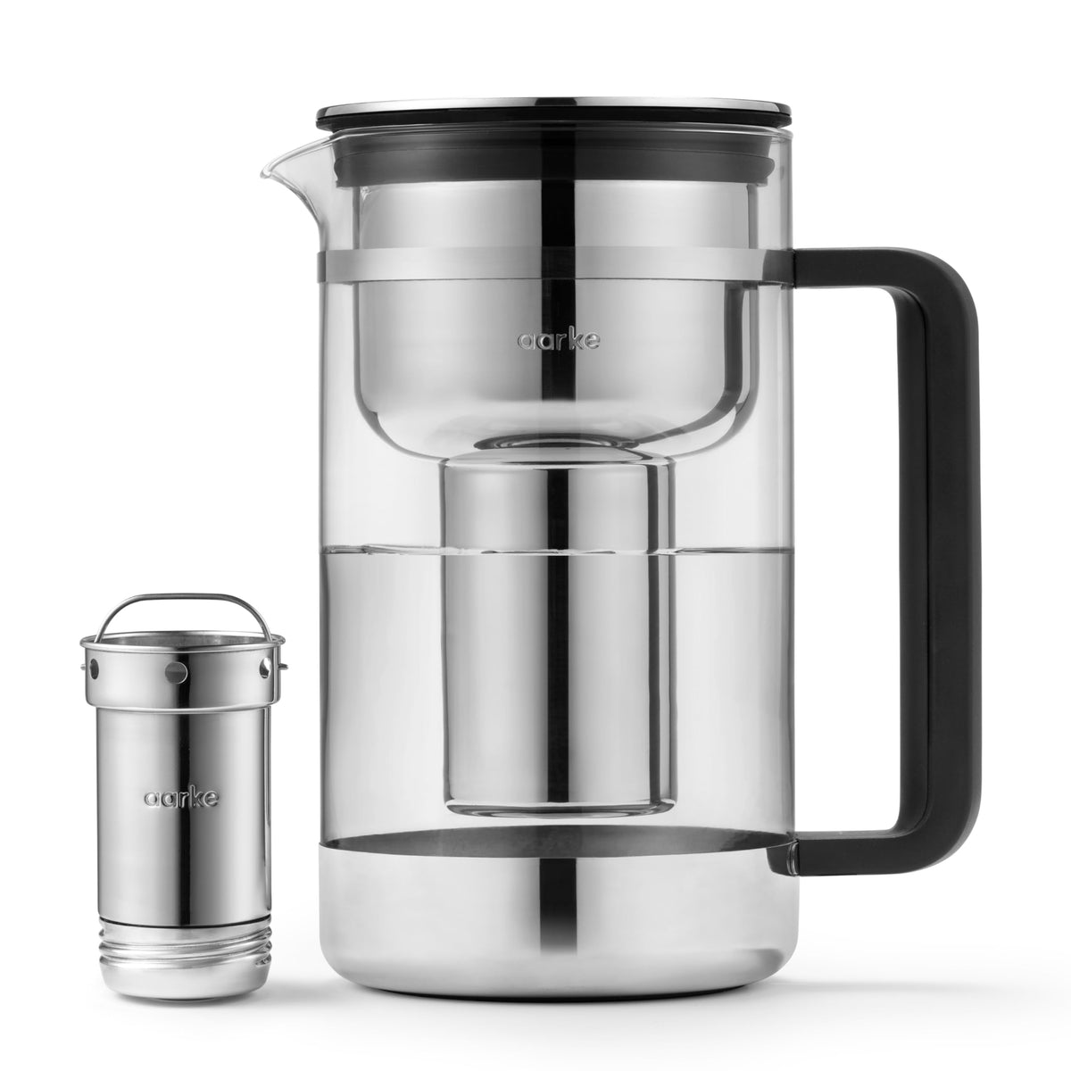 Aarke Purifier glass carafe and lid for elegant, plastic-free hydration.