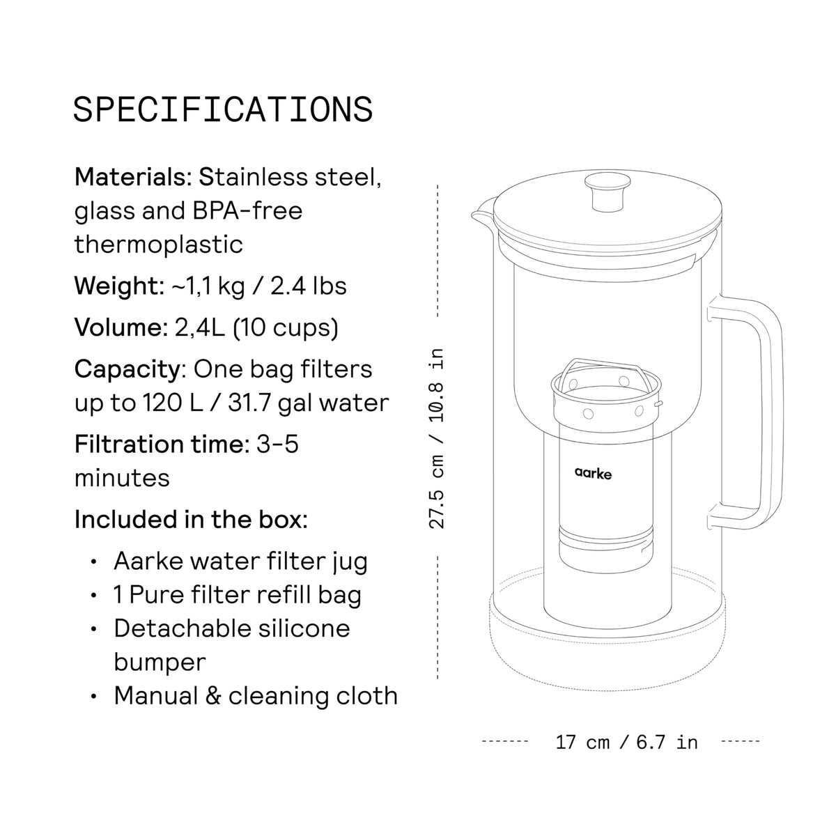 Aarke Purifier large 2-8l pitcher offers extra capacity for gatherings