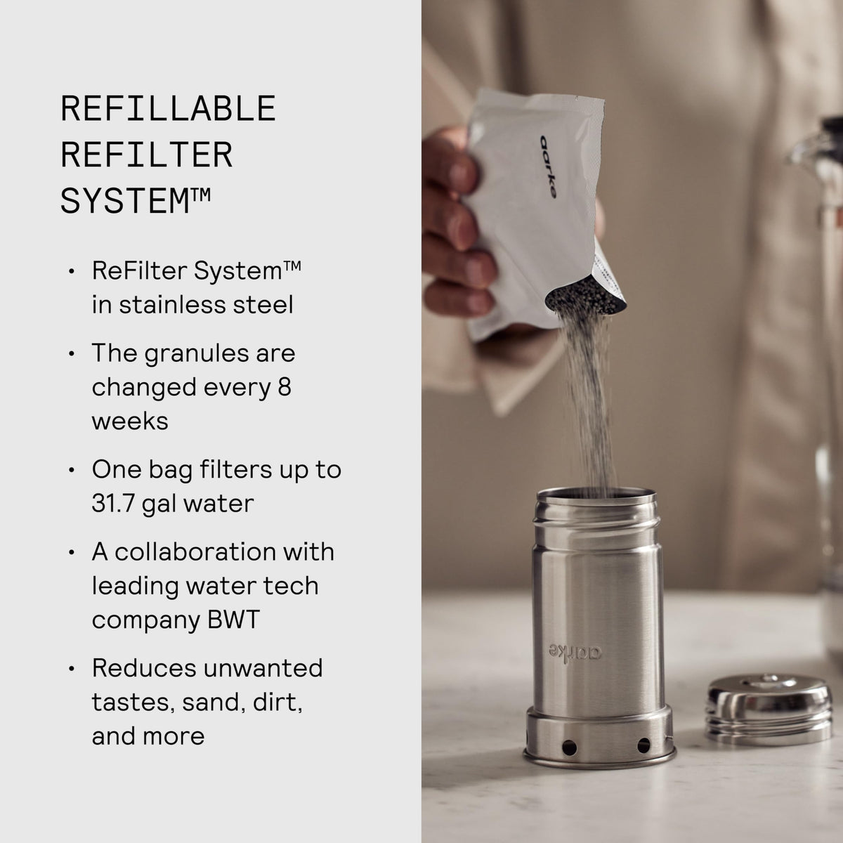 Aarke Purifier refill system with granules for customization.