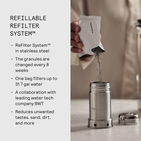 Aarke Purifier refill system with granules for customization.