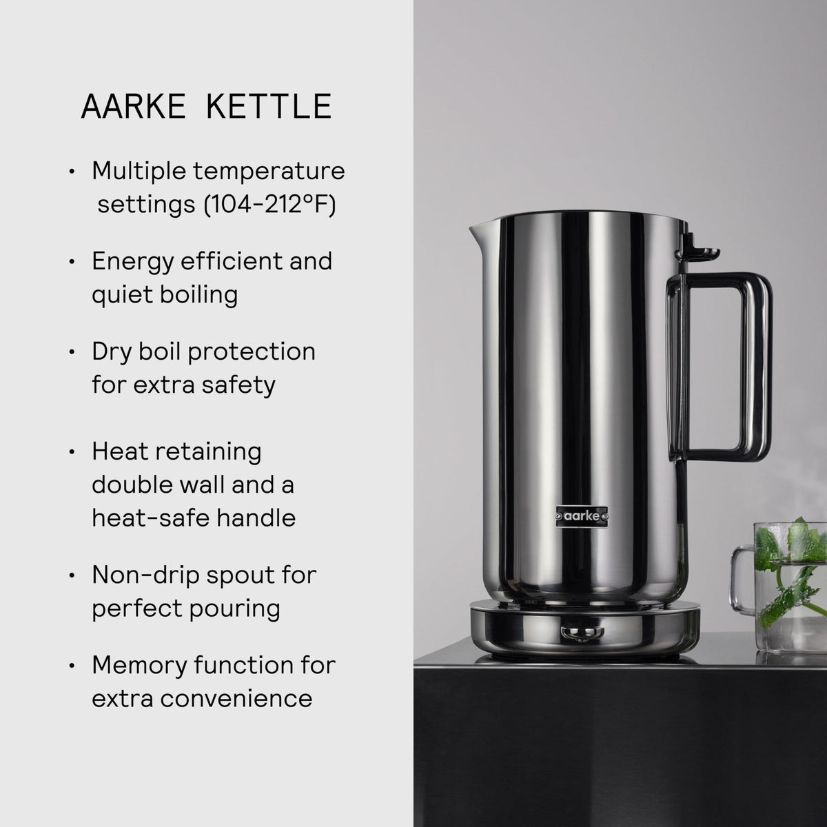 Aarke kettle with cord-retract base keeps countertops tidy