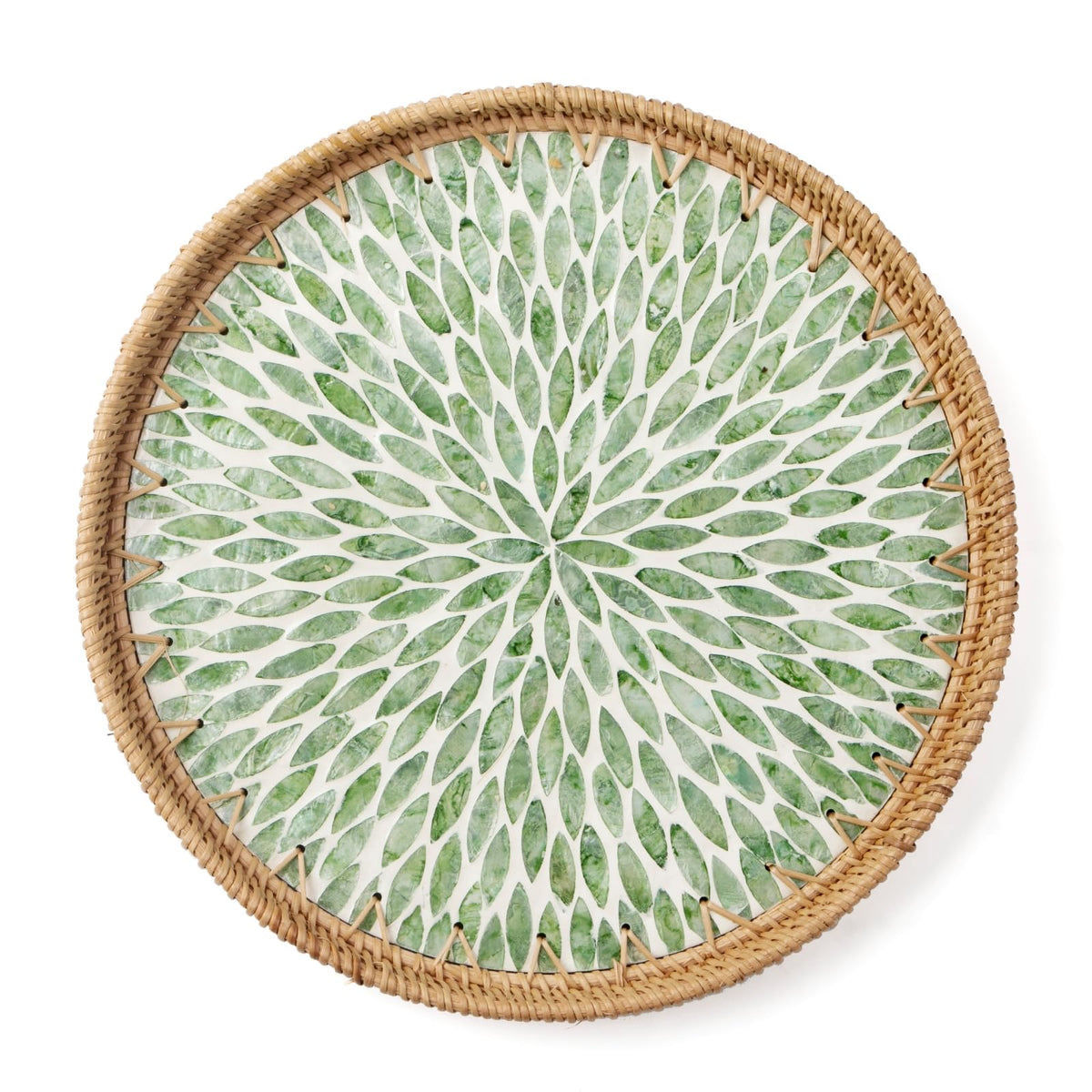 Aayoruro round rattan tray with mother of pearl inlay for elegant serving.