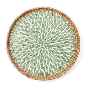 Aayoruro round rattan tray with mother of pearl inlay for elegant serving.