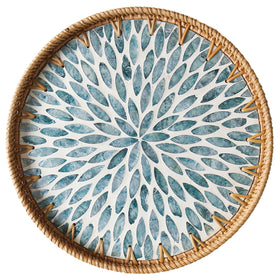 Aayoruro round rattan tray with mother of pearl inlay for elegant entertaining