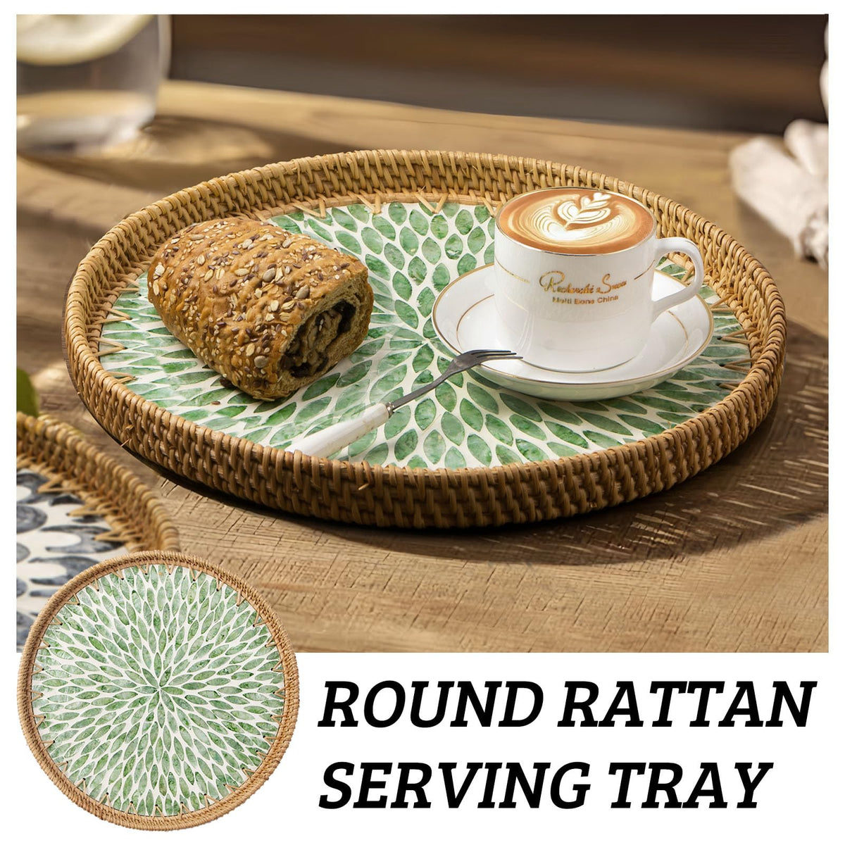 Teacup and coffee tray with pearl inlay, ideal for entertaining.