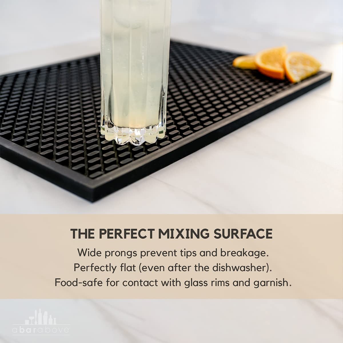 A Bar Above bar mat dishwasher-safe silicone simplifies post-shift cleanup.