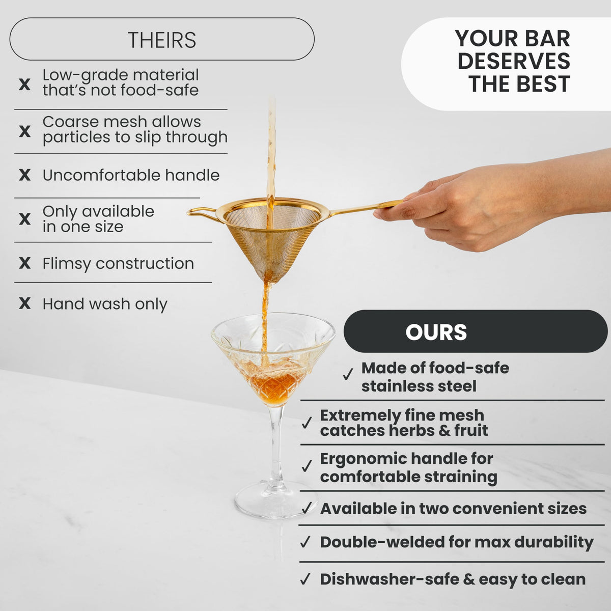A Bar Above dishwasher safe stainless steel strainer cleans quickly after service