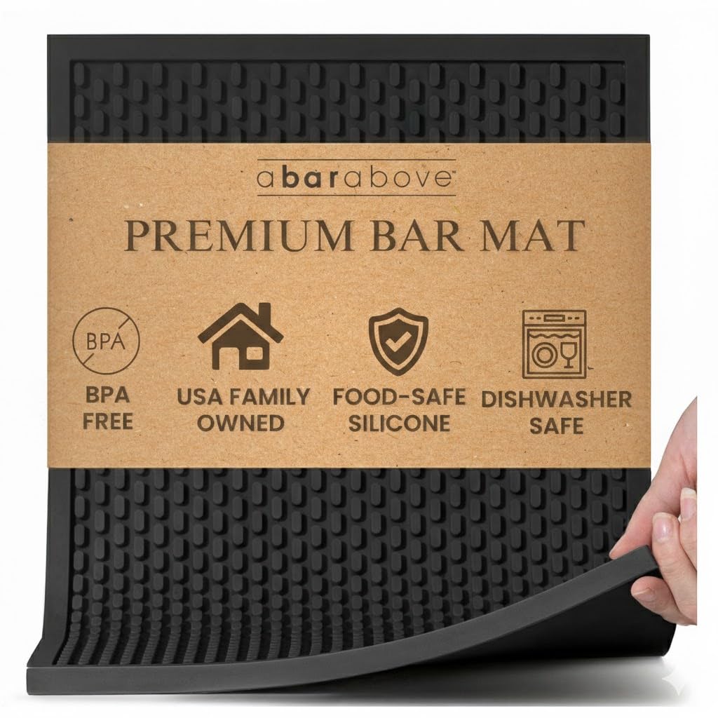A Bar Above heavy-duty bar mat silicone detail provides stable tool placement.