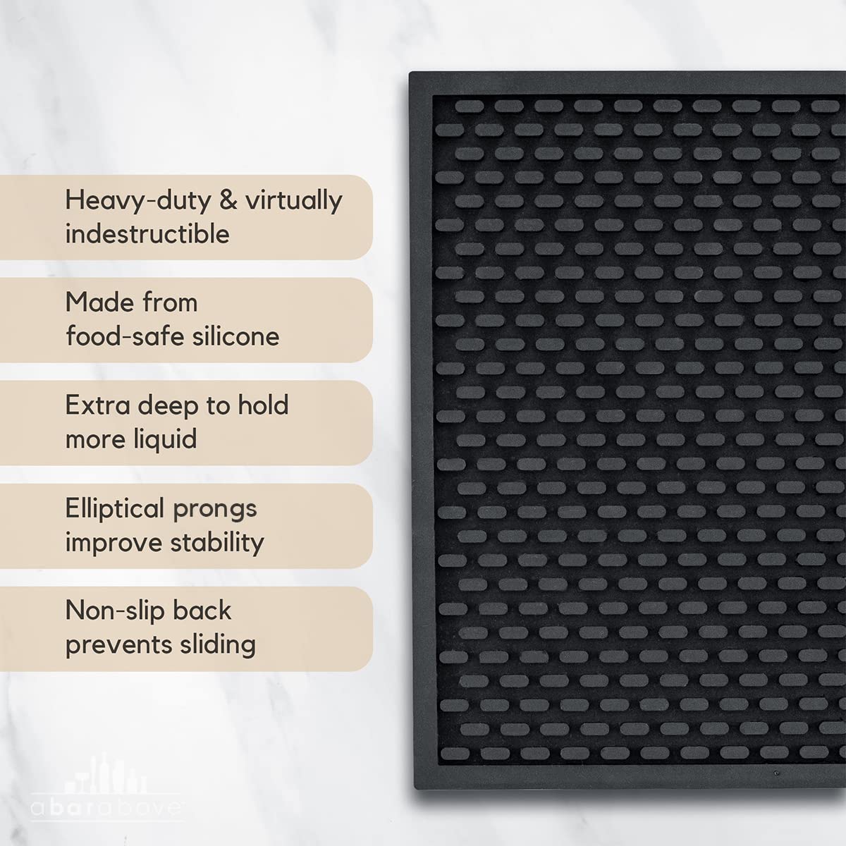 A Bar Above non-slip bar mat edges keep tools secure and surfaces clean.