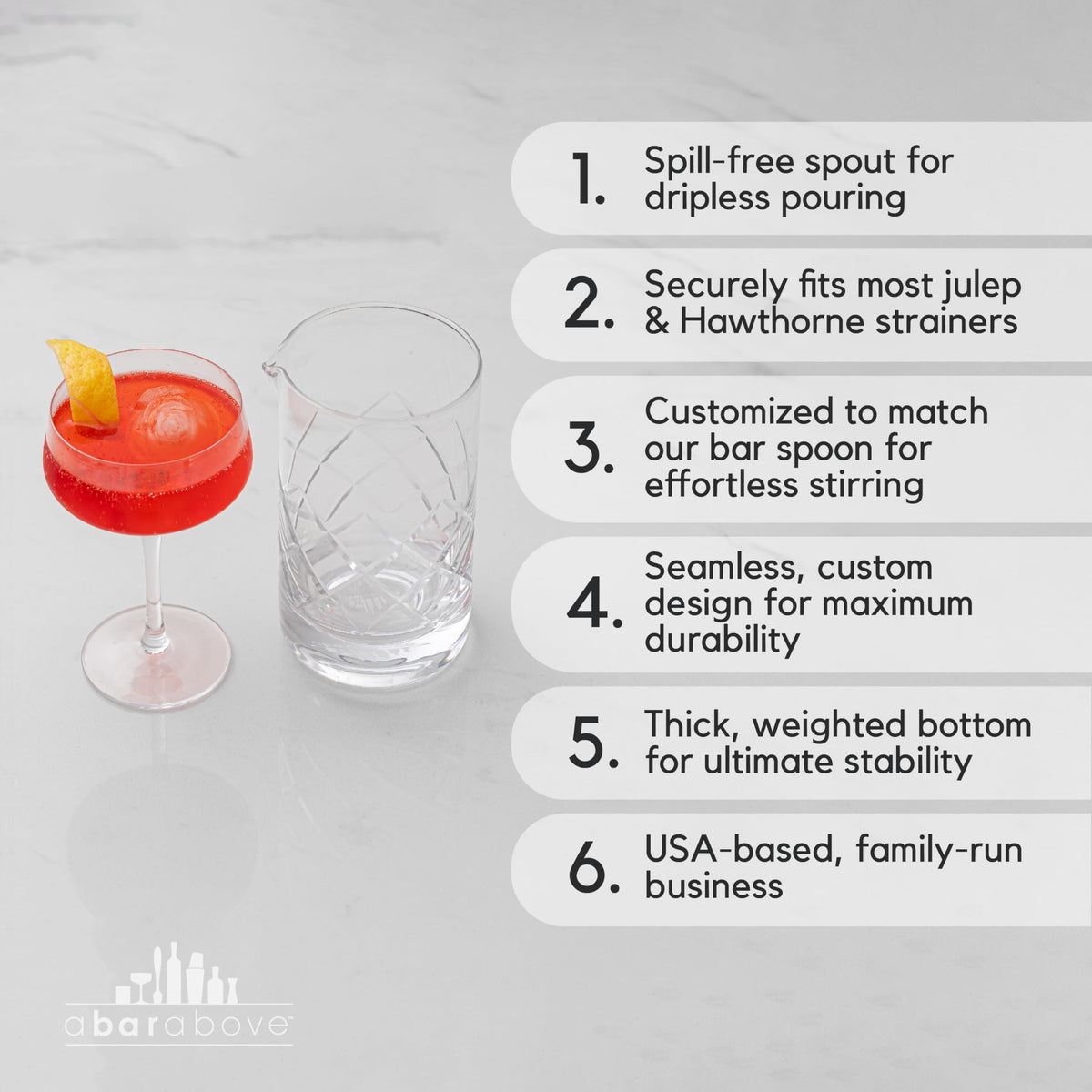 Weighted base provides stability during vigorous stirring in busy home bars