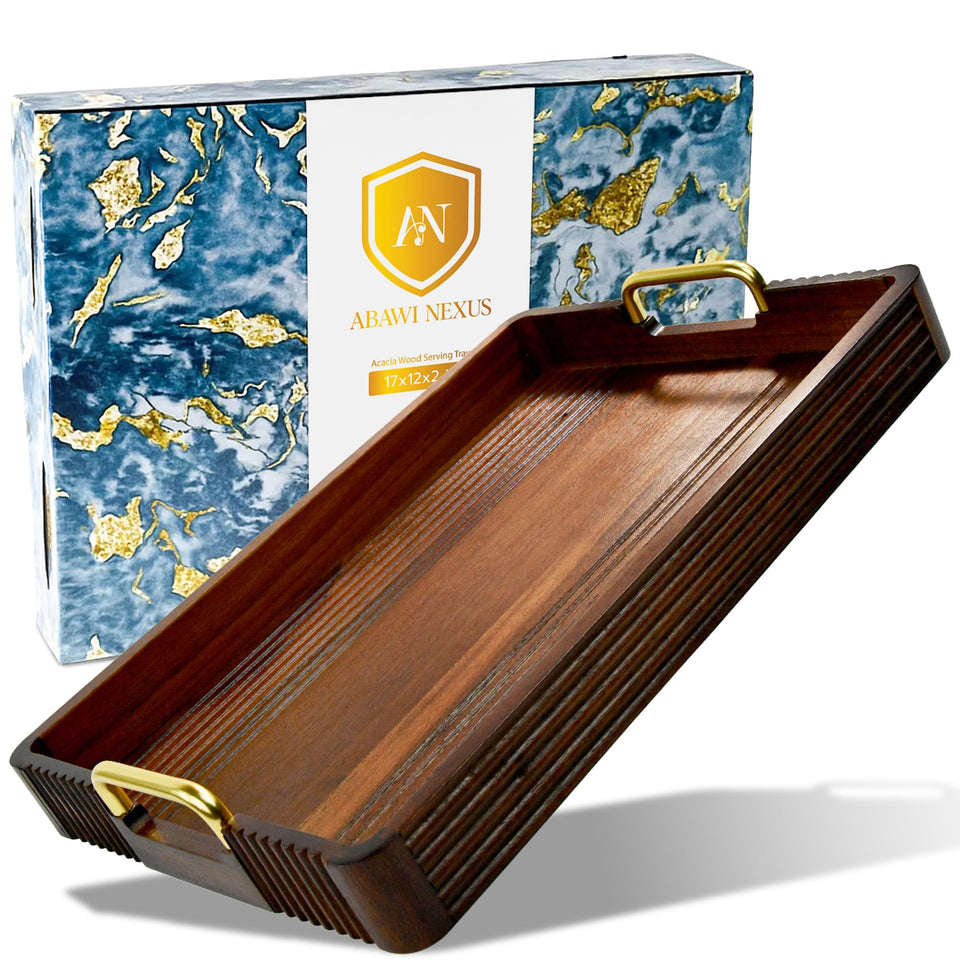 Abawi Nexus acacia wood serving tray with metal handles for easy, stylish serving.