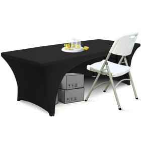 ABCCANOPY 6ft spandex table cover with open back in black enhances presentation and hides under-table storage