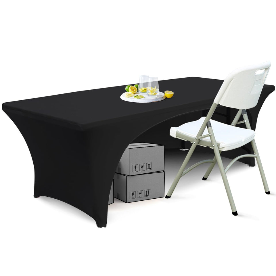 ABCCANOPY 6ft spandex table cover with open back in black enhances presentation and hides under-table storage