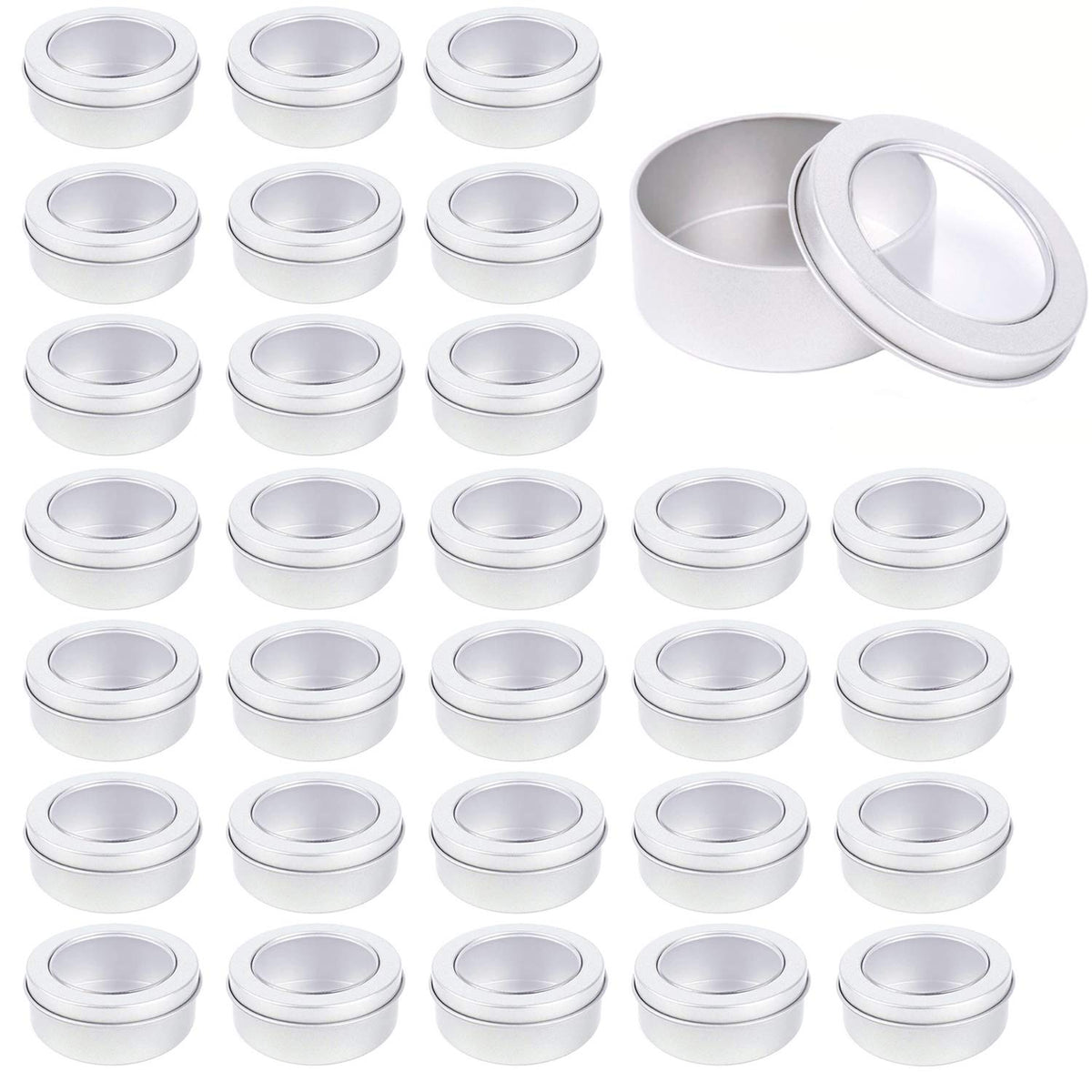 Abgream 2oz round tin can with clear top for easy cosmetics storage.
