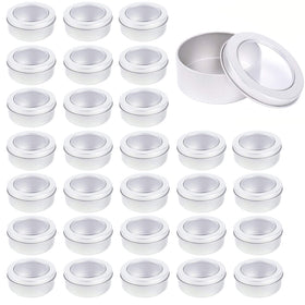 Abgream 2oz round tin can with clear top for easy cosmetics storage.
