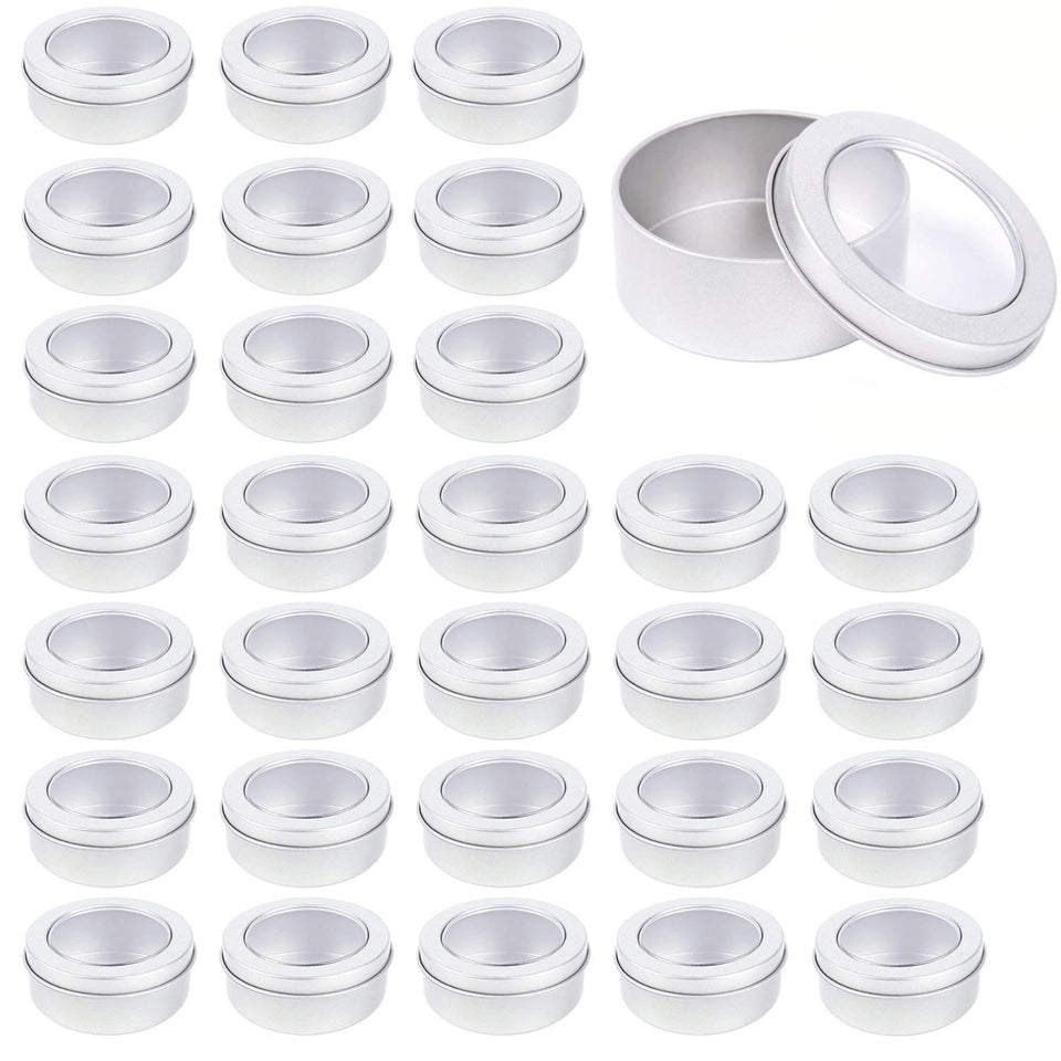 Abgream 2oz round tin can with clear top for easy cosmetics storage.