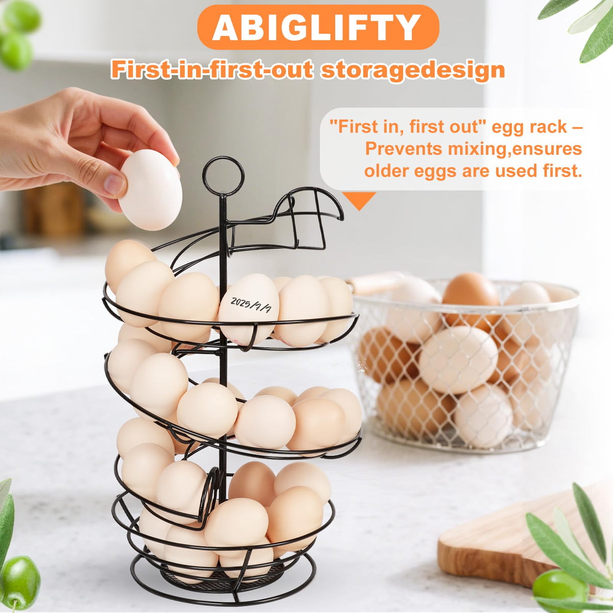 Abiglifty metal egg holder provides strength and stability on the counter