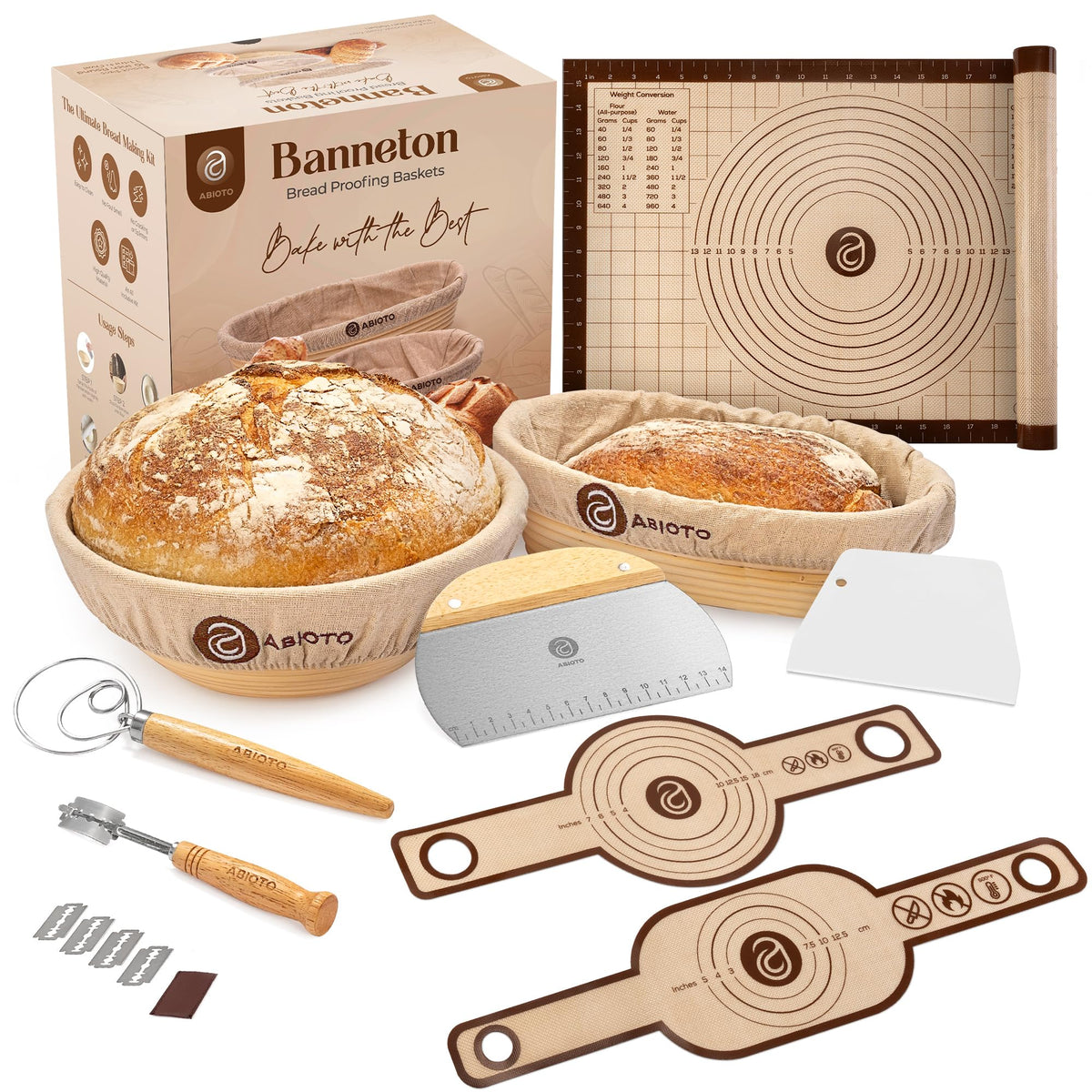 ABIOTO Banneton bread proofing basket set for even dough shaping and rustic crusts
