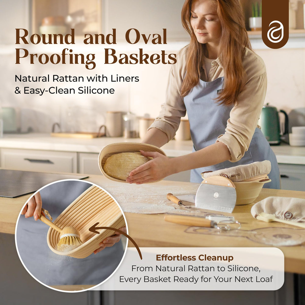 ABIOTO Proofing baskets shape boules and batards with gentle tension.