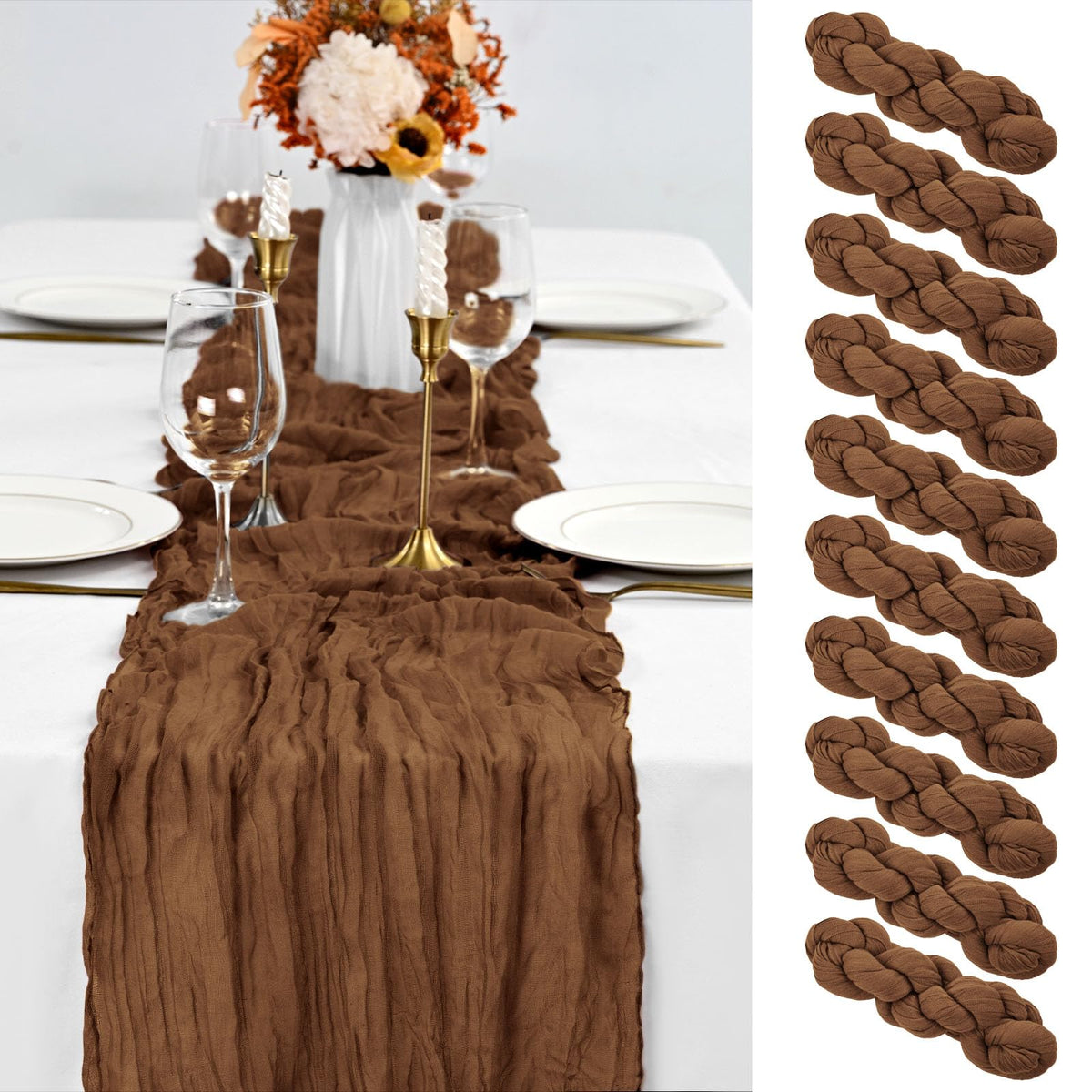 ABKLESACH 10-pack brown cheesecloth table runner drapes elegantly for weddings and banquets.