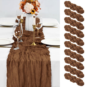 ABKLESACH 10-pack brown cheesecloth table runner drapes elegantly for weddings and banquets.