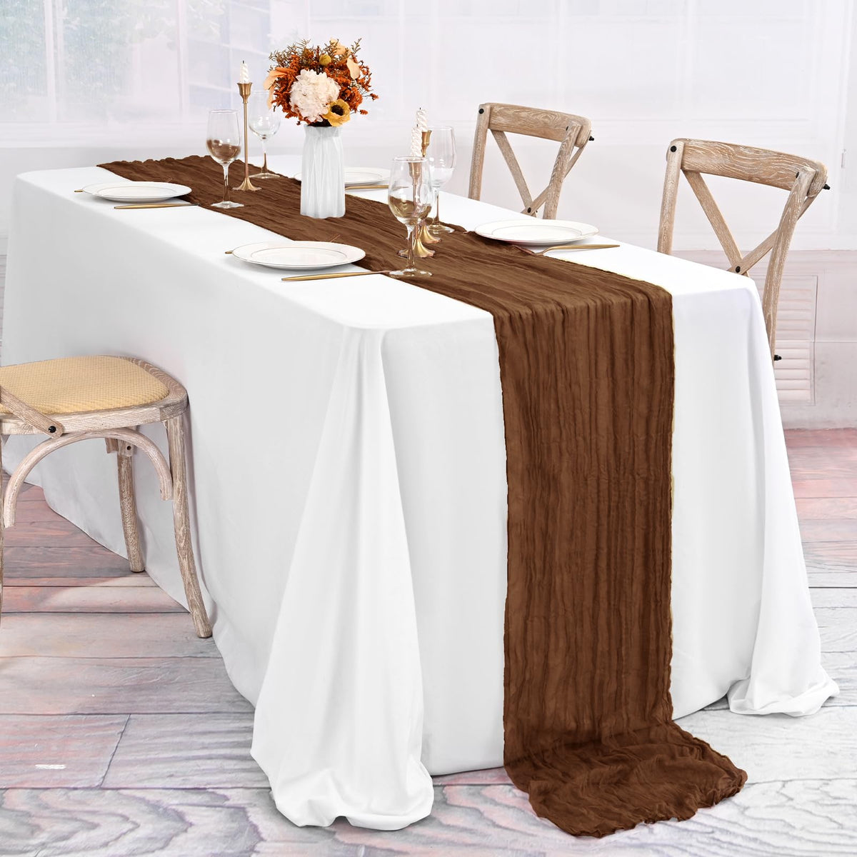 ABKLESACH soft, durable cheesecloth runner provides romantic ambiance without heavy weight.
