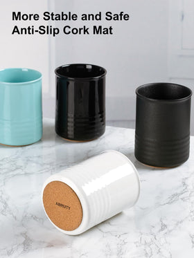 ABRUTY utensil holder with cork pad protects surfaces from scratches.
