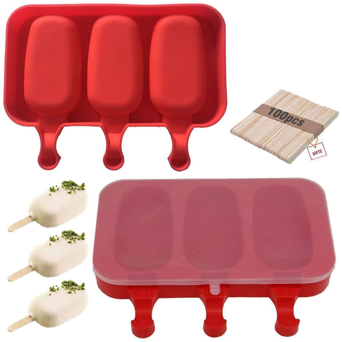 ABSOK 3-cavity silicone popsicle molds with lid for easy release.