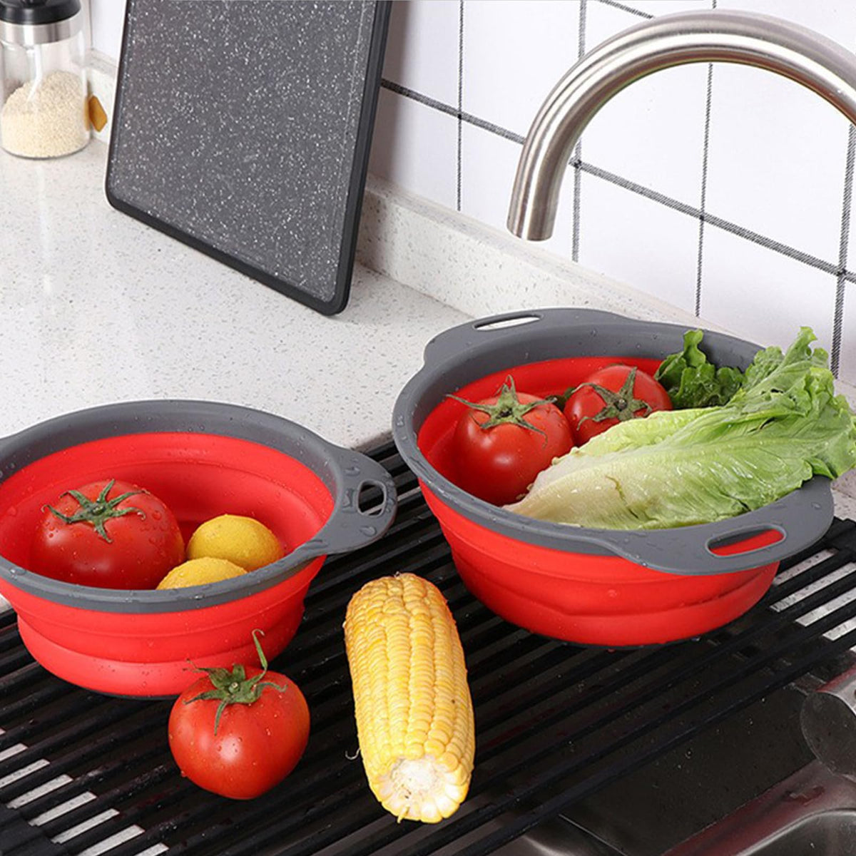 ABSOK red colander with sturdy base and raised feet for fast draining