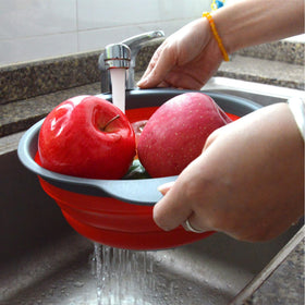 ABSOK red colander shown dishwasher safe for easy cleanup