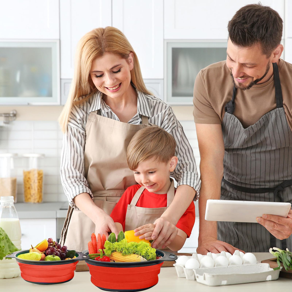 ABSOK red collapsible colander folded flat for space-saving storage