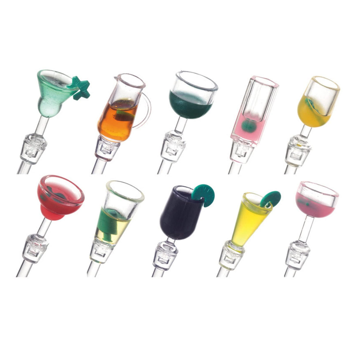 Colorful accessories brighten cocktails, juices, and mocktails across settings.
