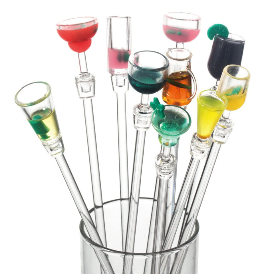 ABSOK swizzle sticks in colorful clear acrylic for vibrant cocktails at home and in venues.