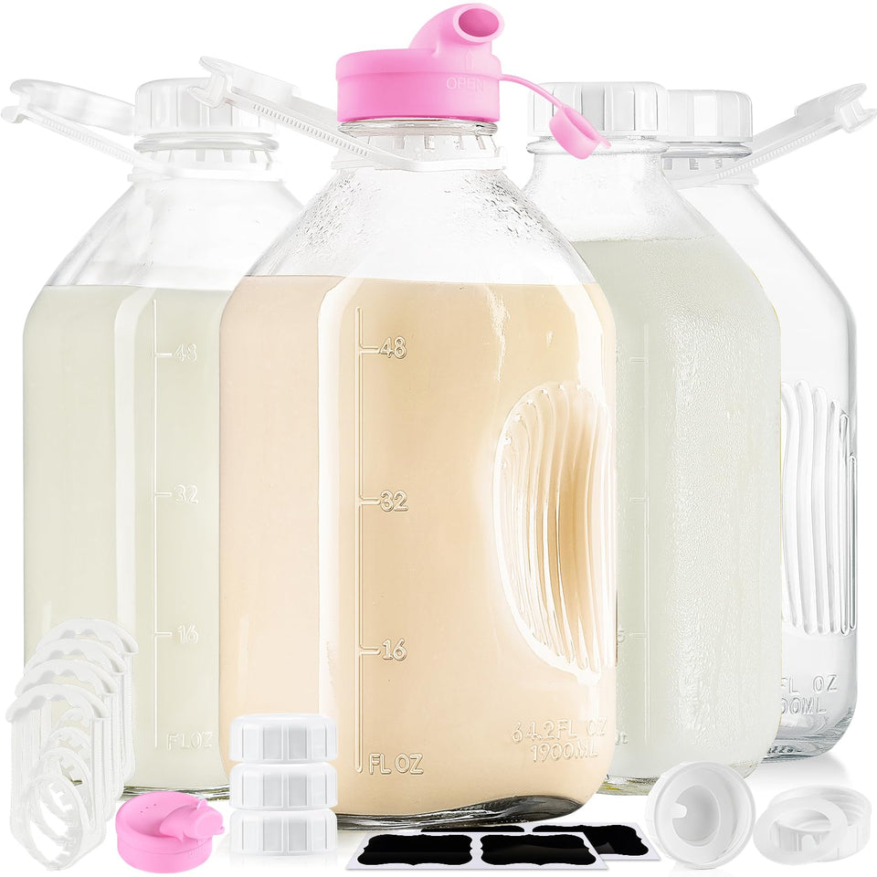 Absovetu four-pack 64oz glass milk bottles ideal for fridge storage