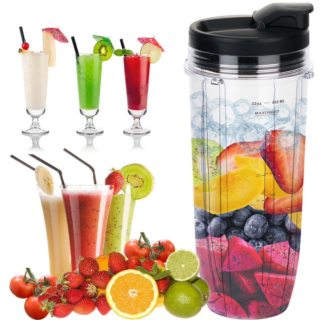 ABTER spill-free lid design on 32 oz Ninja cup for mess-free blending.