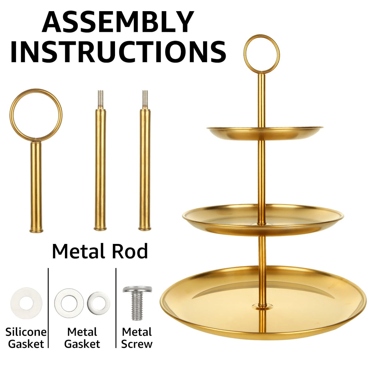 ABuff 3-tier gold cupcake stand bottom tier accommodates larger treats securely.