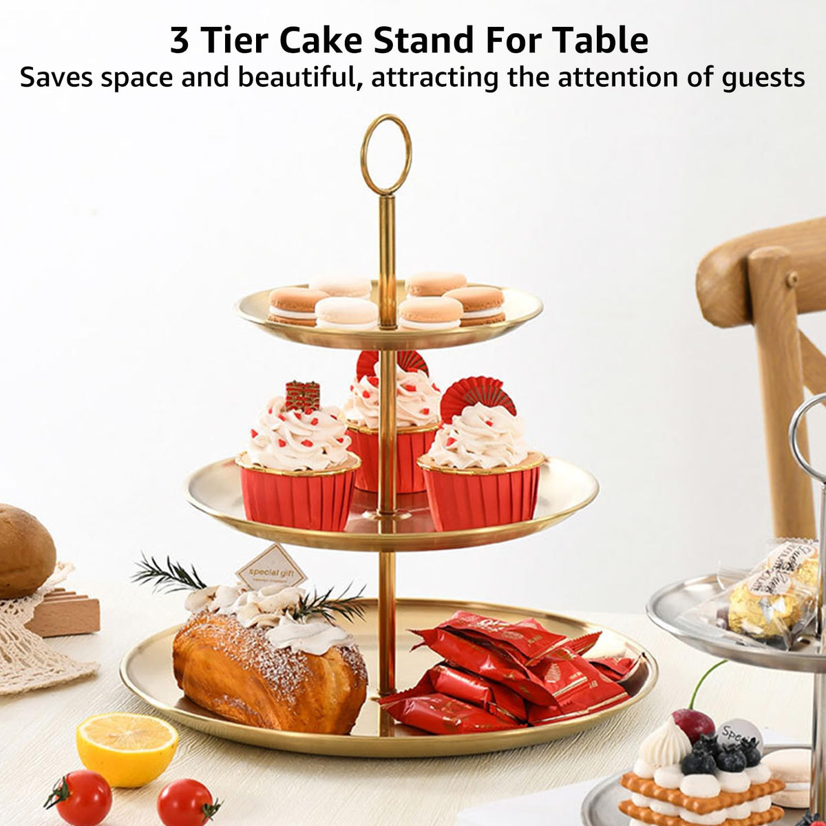 ABuff gold cupcake stand smooth edge borders add a classy touch.