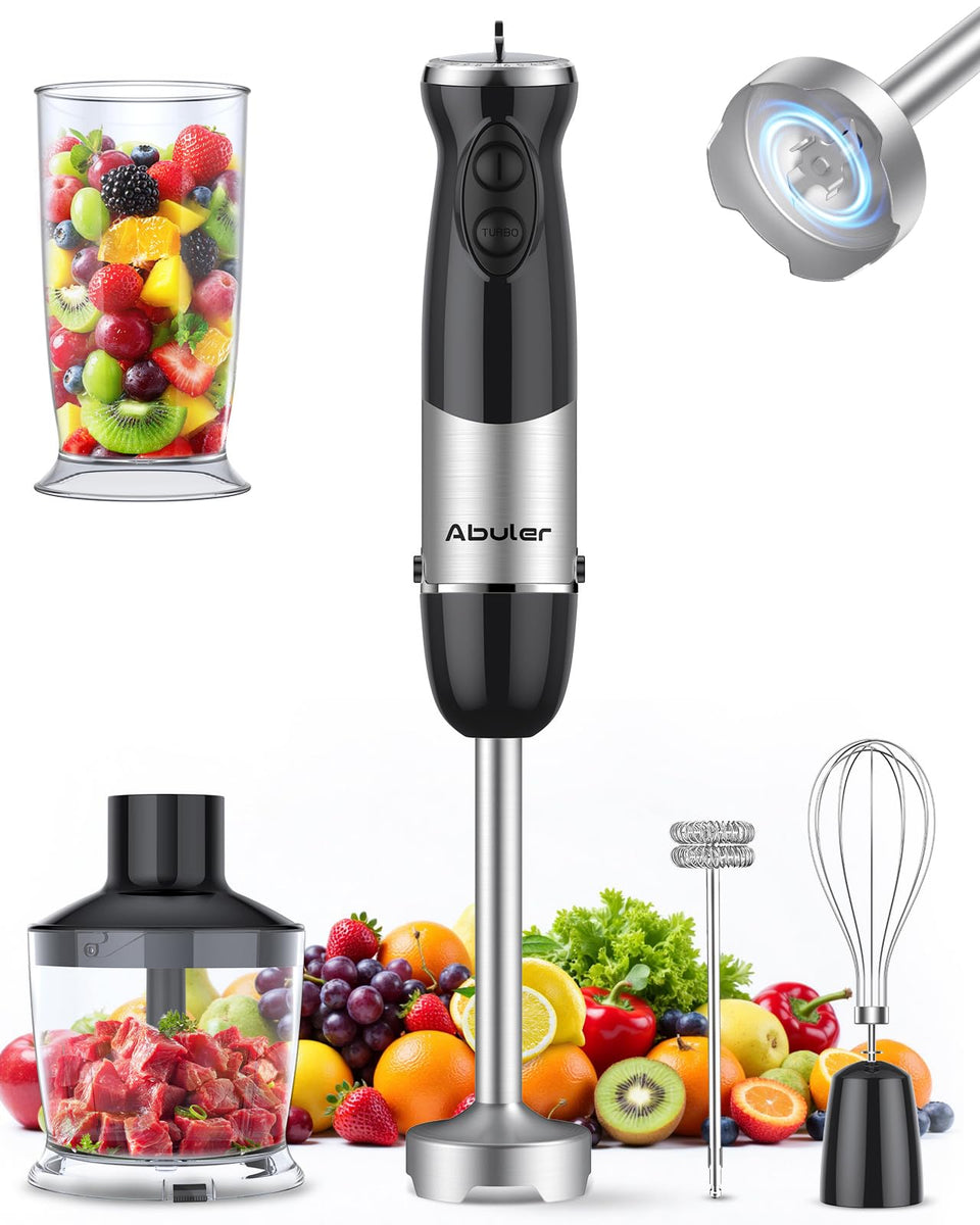 Abuler immersion blender in action blending a silky soup for easy weeknight prep