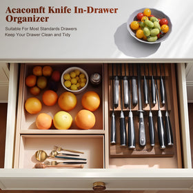 Acacia wood knife block inside a drawer keeps blades protected and organized.