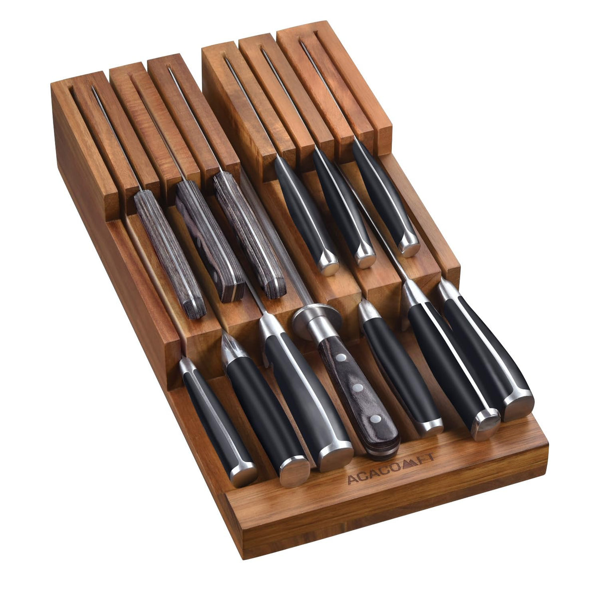Acacomft in-drawer knife block with roomy slots for up to 12 blades.
