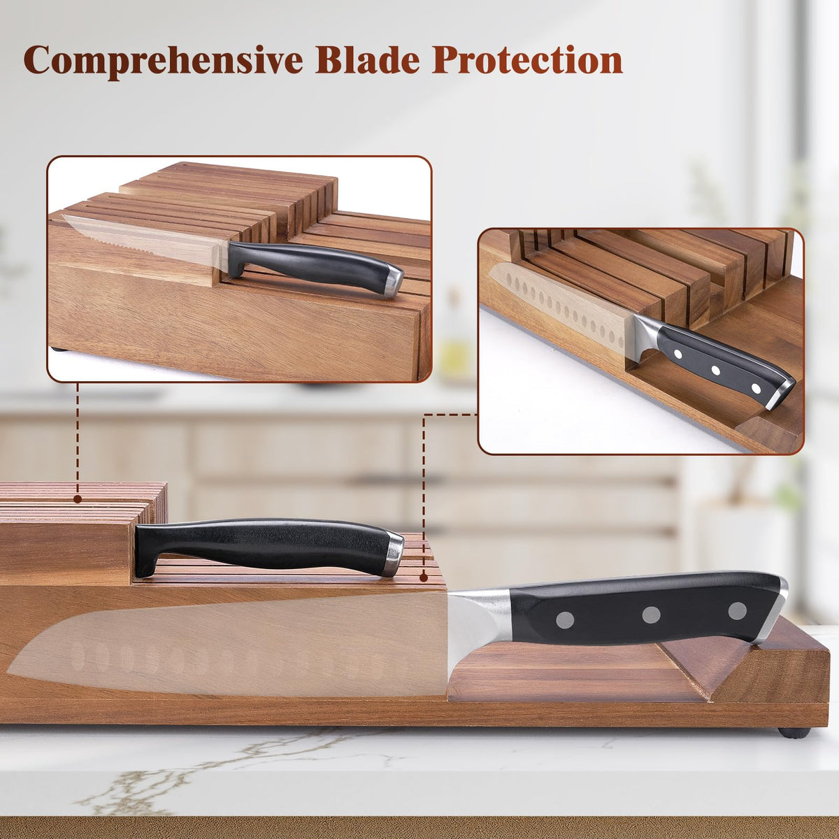 Acacomft knife holder without knives fits standard drawers for quick setup.