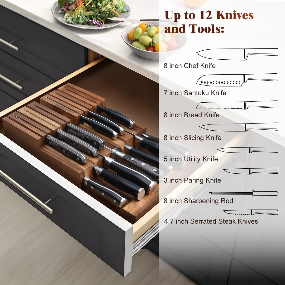Acacomft knife organizer accommodates steak and chef knives with wide slots.
