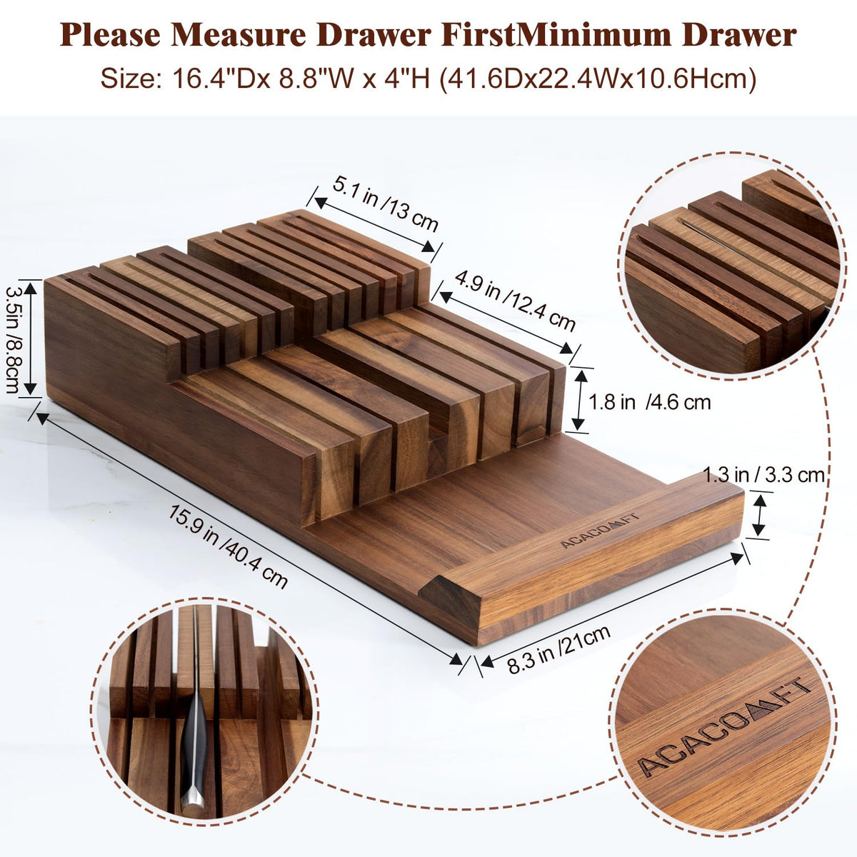 Acacomft knife block supports up to 12 knives plus a sharpening rod.