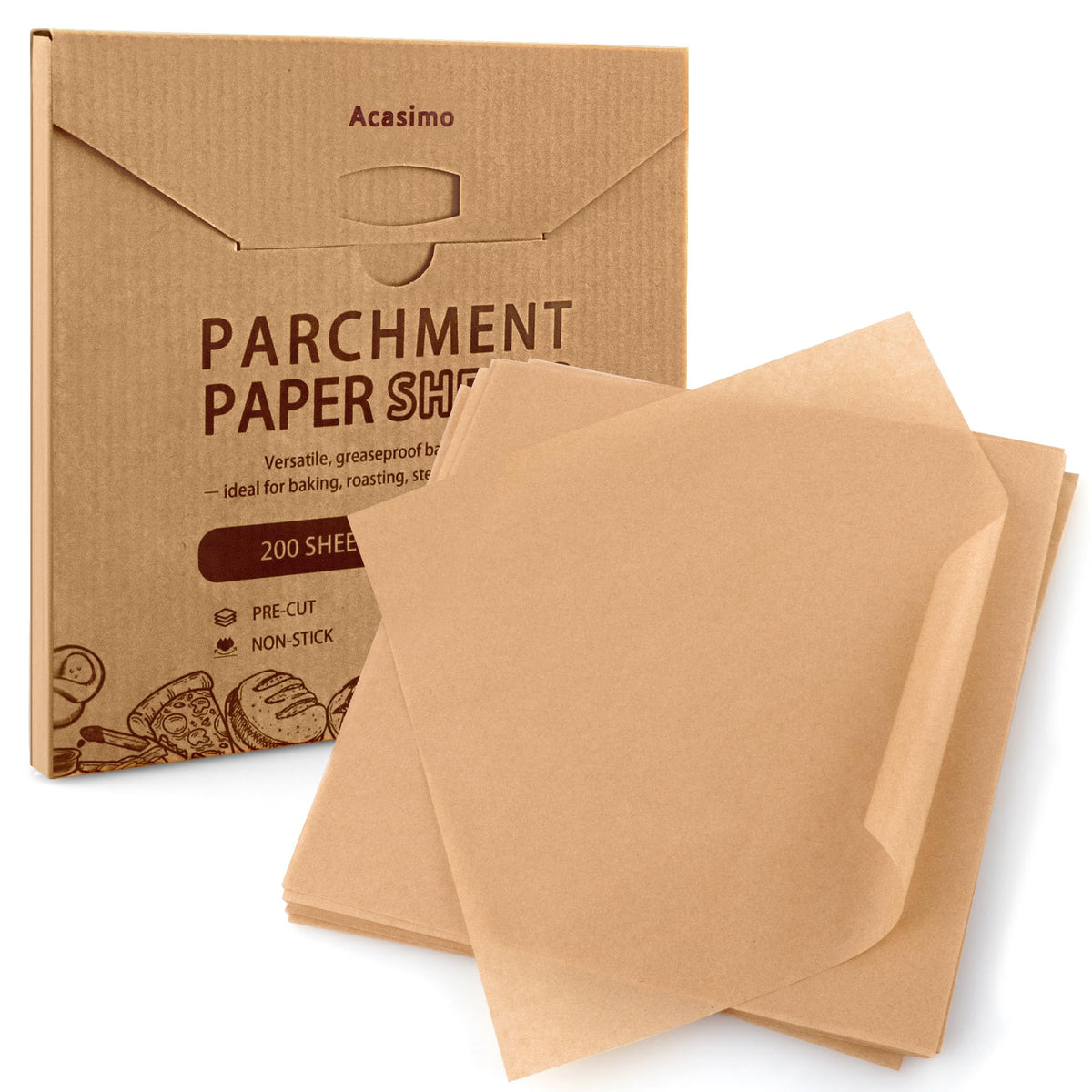 Acasimo parchment sheets in a box for easy 12x12 baking with non-stick lining