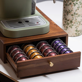 ACBORN acacia wood coffee pod drawer neatly stores Vertuo pods.