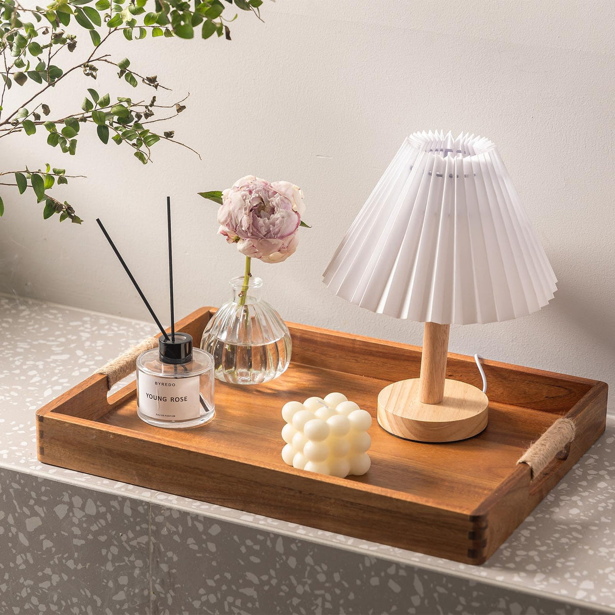 ACBORN Acacia wood tray suitable for ottoman and coffee table display.