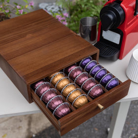 ACBORN acacia wood coffee pod organizer complements a stylish coffee bar.