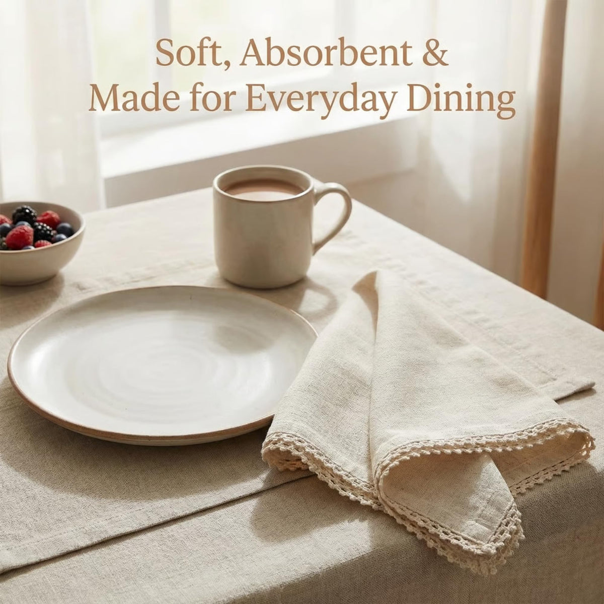 Cotton-linen blend offers softness and quick drying for repeated use.