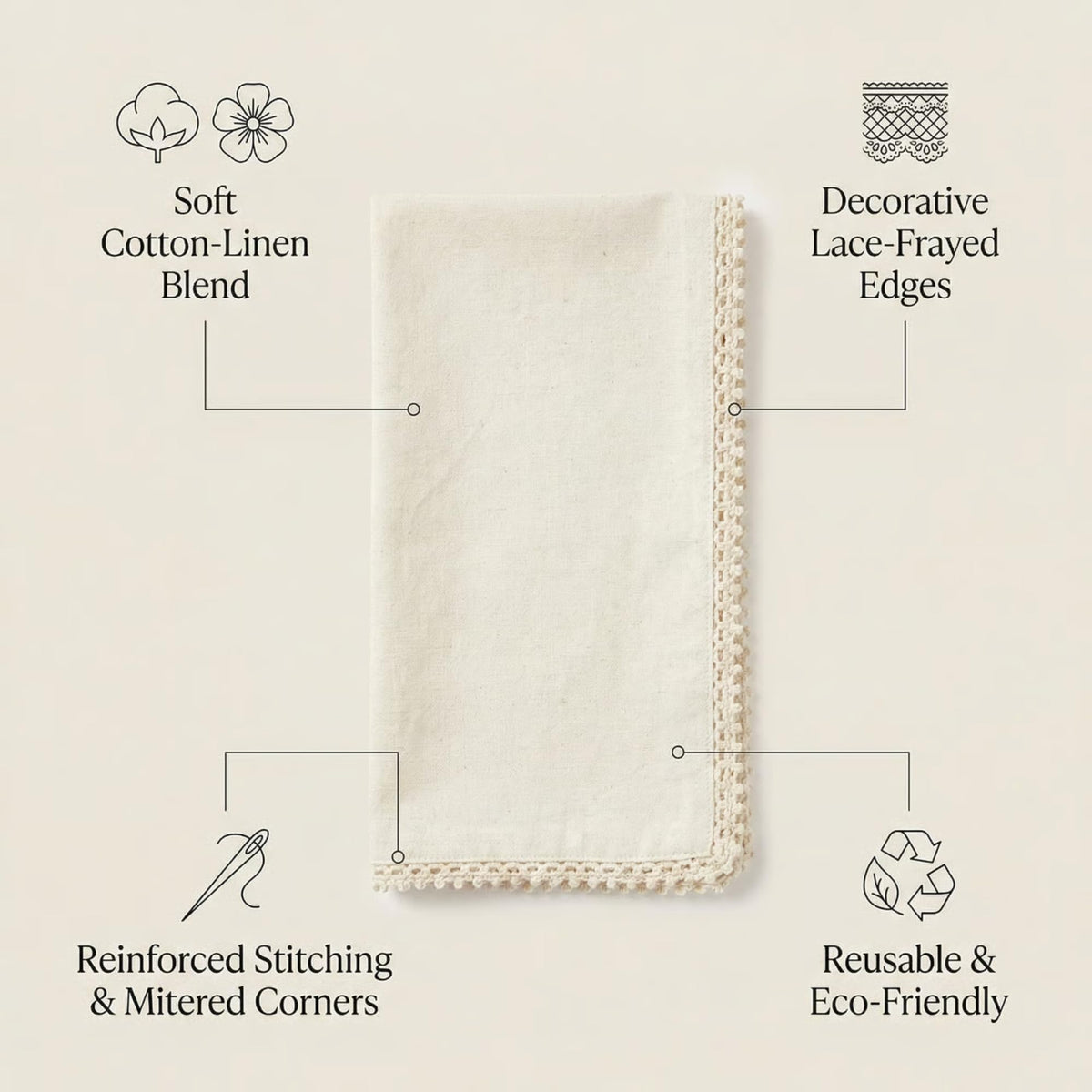 Napkins folded with mitered corners and crisp hems for refined table settings.