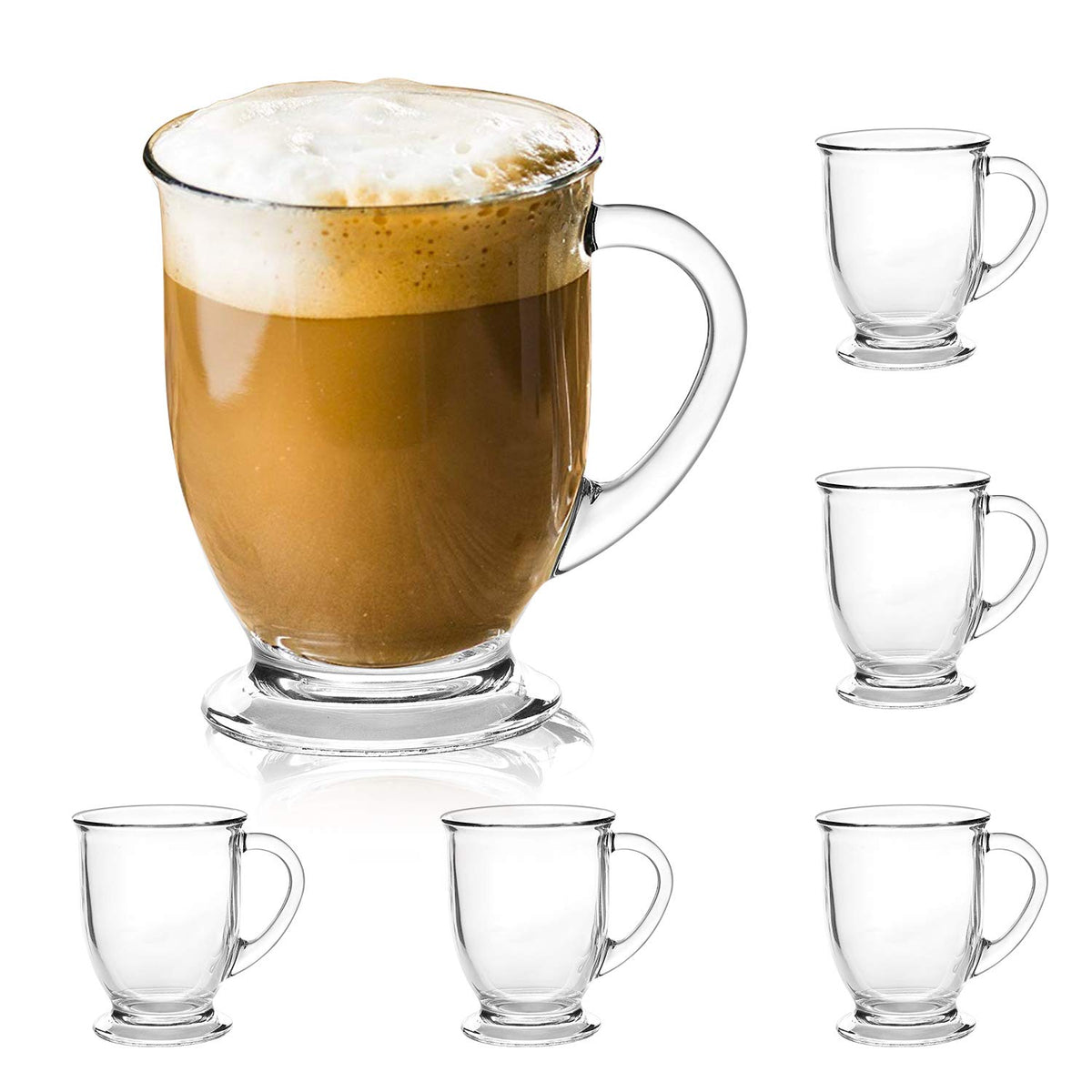 Accguan 15oz glass mug front view with handle, ideal for lattes and cappuccinos.